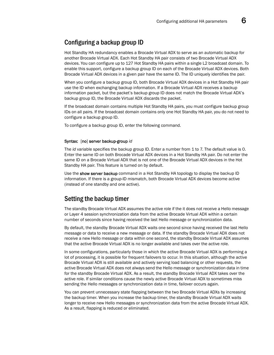 Configuring a backup group id, Setting the backup timer | Brocade Virtual ADX Server Load Balancing Guide (Supporting ADX v03.1.00) User Manual | Page 331 / 408