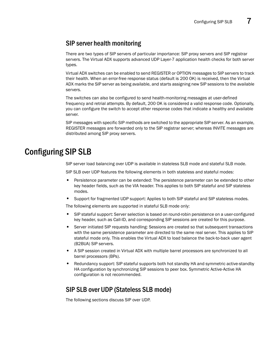 Sip server health monitoring, Configuring sip slb, Sip slb over udp (stateless slb mode) | Brocade Virtual ADX Server Load Balancing Guide (Supporting ADX v03.1.00) User Manual | Page 349 / 408