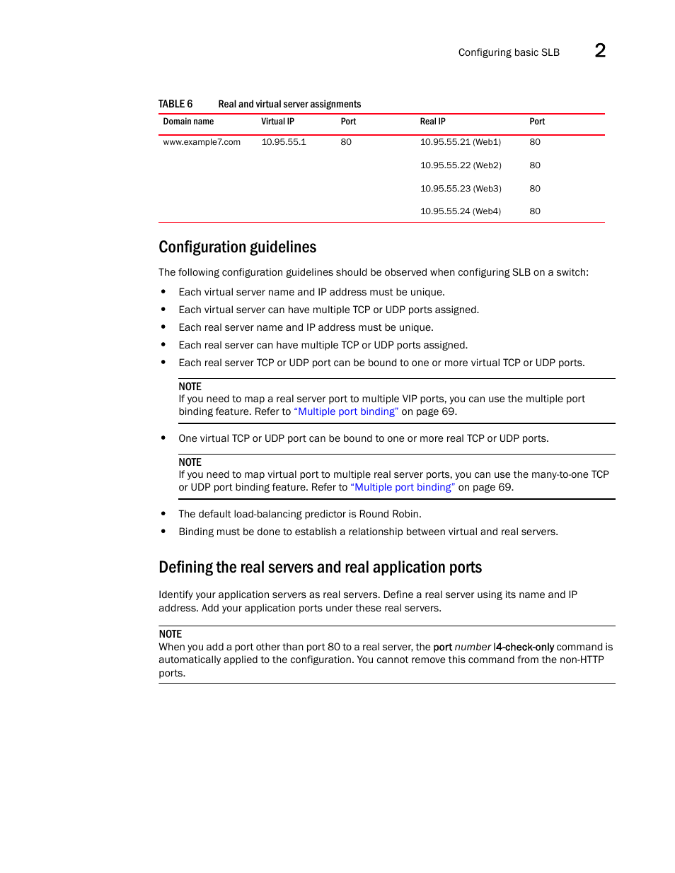 Configuration guidelines, Defining, The real servers and real application ports | Brocade Virtual ADX Server Load Balancing Guide (Supporting ADX v03.1.00) User Manual | Page 35 / 408