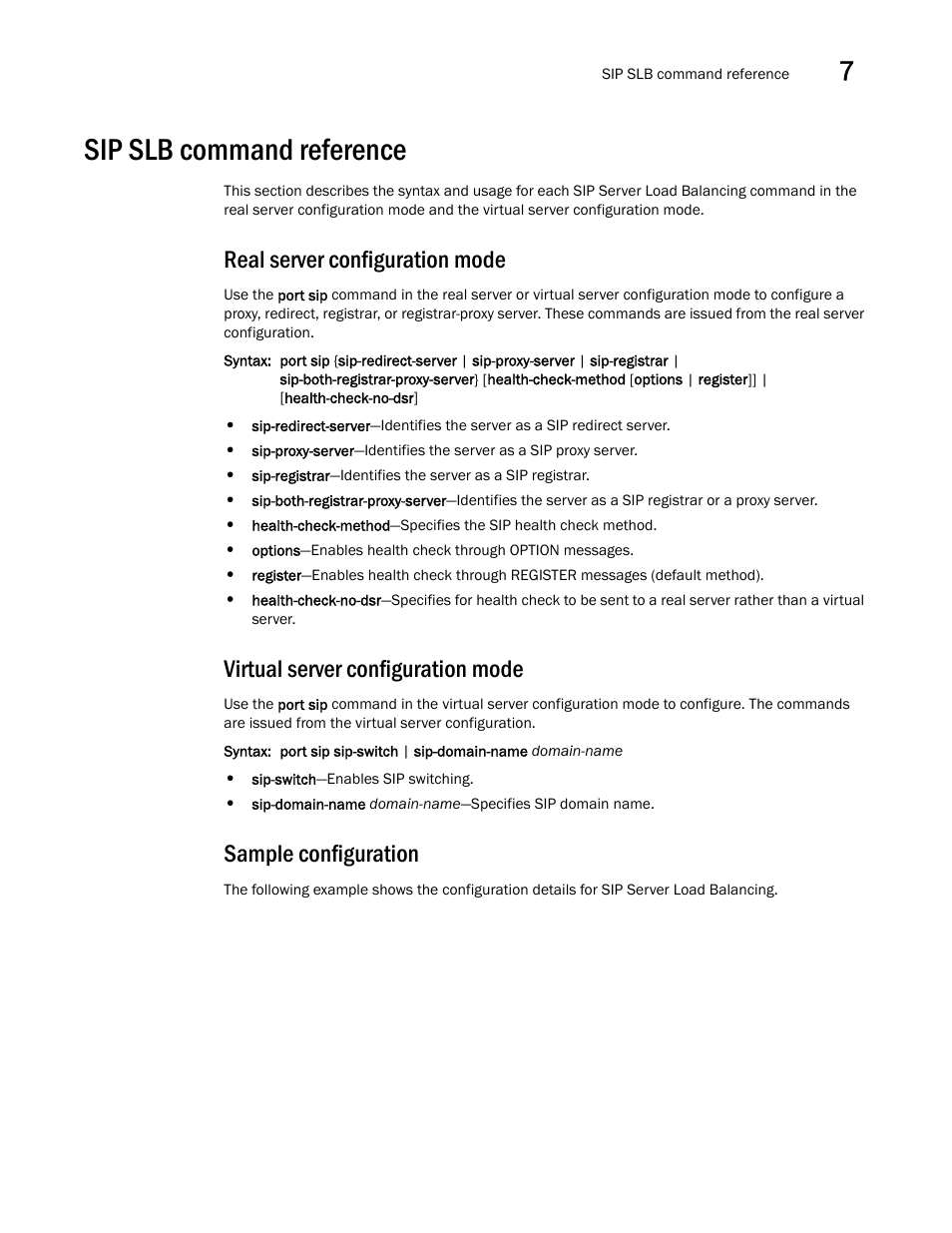 Sip slb command reference, Real server configuration mode, Virtual server configuration mode | Sample configuration | Brocade Virtual ADX Server Load Balancing Guide (Supporting ADX v03.1.00) User Manual | Page 359 / 408