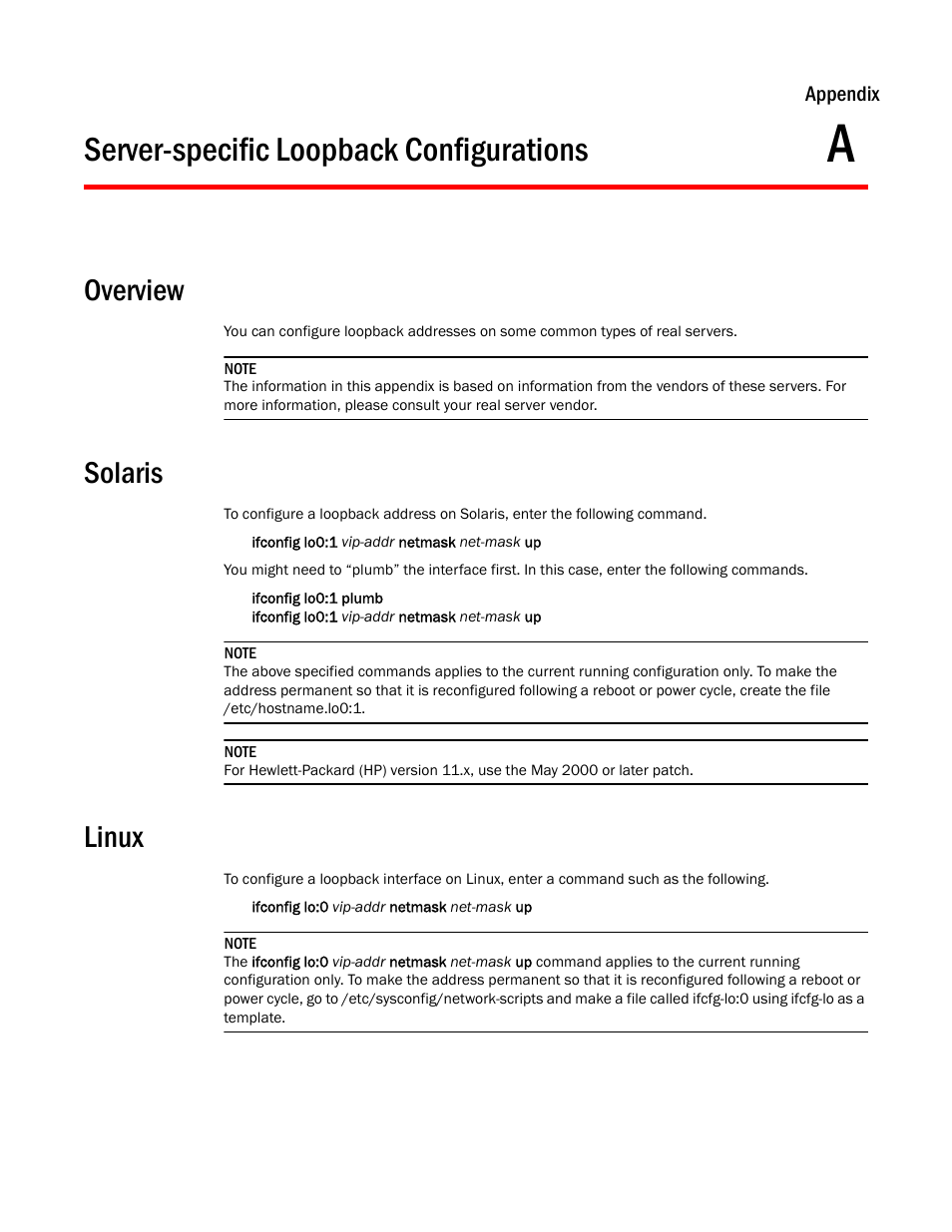 Server-specific loopback configurations, Overview, Solaris | Linux, Appendix a | Brocade Virtual ADX Server Load Balancing Guide (Supporting ADX v03.1.00) User Manual | Page 365 / 408