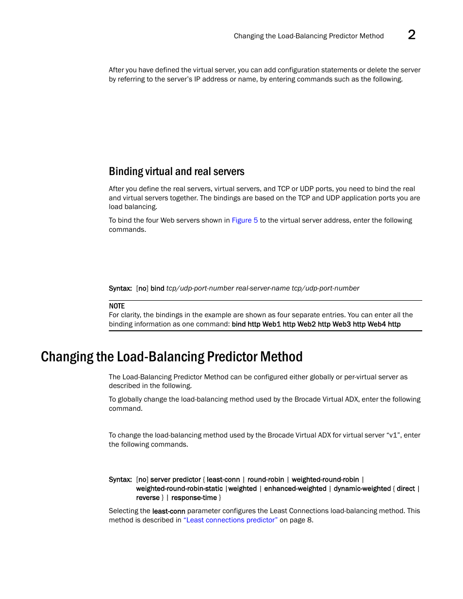 Binding virtual and real servers, Changing the load-balancing predictor method, D in | Changing the, Load-balancing predictor method | Brocade Virtual ADX Server Load Balancing Guide (Supporting ADX v03.1.00) User Manual | Page 37 / 408