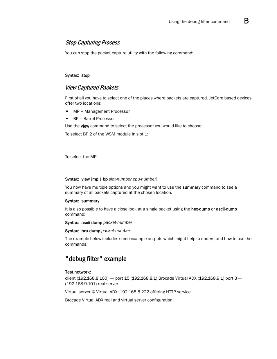 Debug filter" example, Stop capturing process, View captured packets | Brocade Virtual ADX Server Load Balancing Guide (Supporting ADX v03.1.00) User Manual | Page 379 / 408