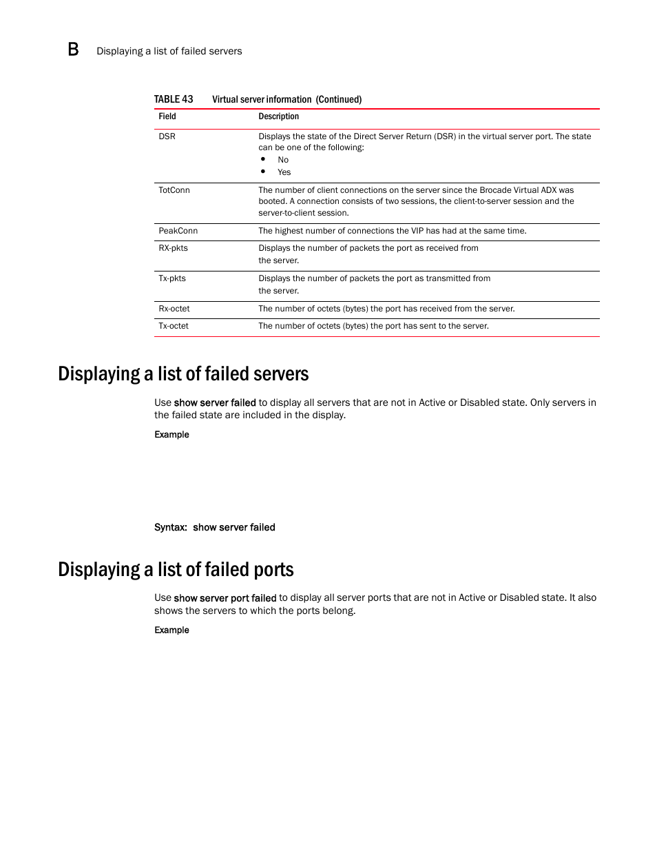 Displaying a list of failed servers, Displaying a list of failed ports | Brocade Virtual ADX Server Load Balancing Guide (Supporting ADX v03.1.00) User Manual | Page 396 / 408