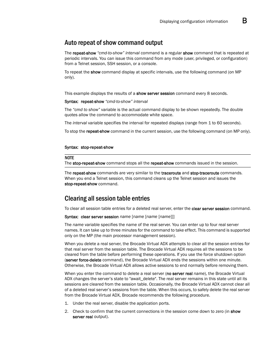 Auto repeat of show command output, Clearing all session table entries | Brocade Virtual ADX Server Load Balancing Guide (Supporting ADX v03.1.00) User Manual | Page 403 / 408