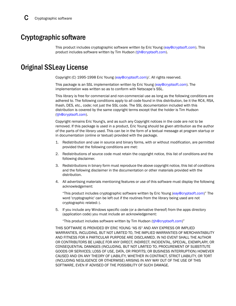 Cryptographic software, Original ssleay license | Brocade Virtual ADX Server Load Balancing Guide (Supporting ADX v03.1.00) User Manual | Page 406 / 408