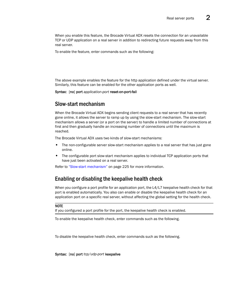 Slow-start mechanism, Enabling or disabling the keepalive health check | Brocade Virtual ADX Server Load Balancing Guide (Supporting ADX v03.1.00) User Manual | Page 45 / 408