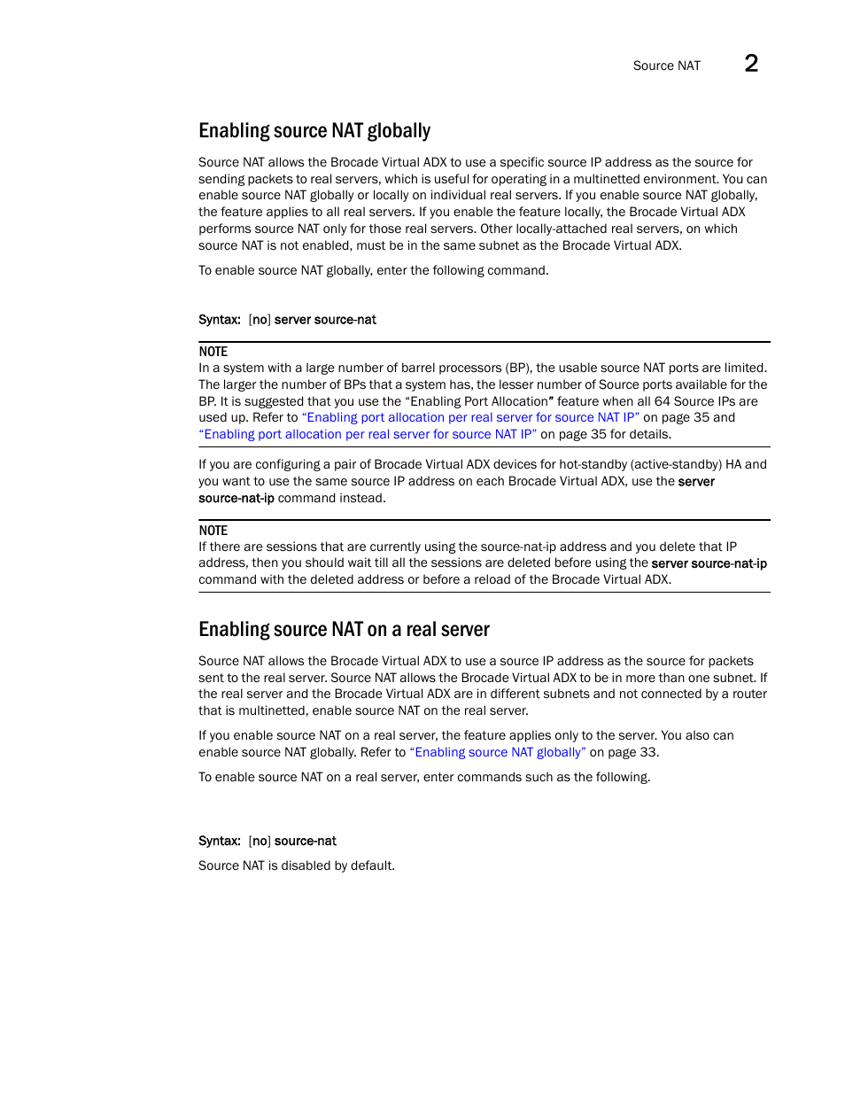 Enabling source nat globally, Enabling source nat on a real server, Sections | Brocade Virtual ADX Server Load Balancing Guide (Supporting ADX v03.1.00) User Manual | Page 49 / 408