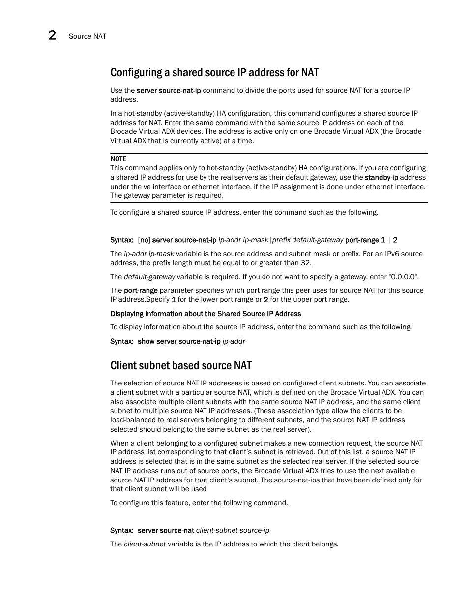 Configuring a shared source ip address for nat, Client subnet based source nat | Brocade Virtual ADX Server Load Balancing Guide (Supporting ADX v03.1.00) User Manual | Page 50 / 408