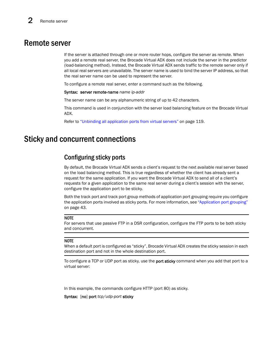 Remote server, Sticky and concurrent connections, Configuring sticky ports | Brocade Virtual ADX Server Load Balancing Guide (Supporting ADX v03.1.00) User Manual | Page 52 / 408