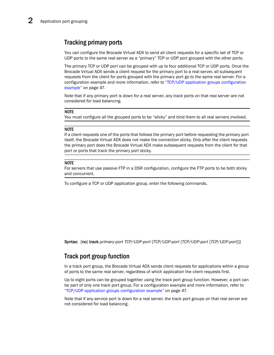 Tracking primary ports, Track port group function | Brocade Virtual ADX Server Load Balancing Guide (Supporting ADX v03.1.00) User Manual | Page 60 / 408