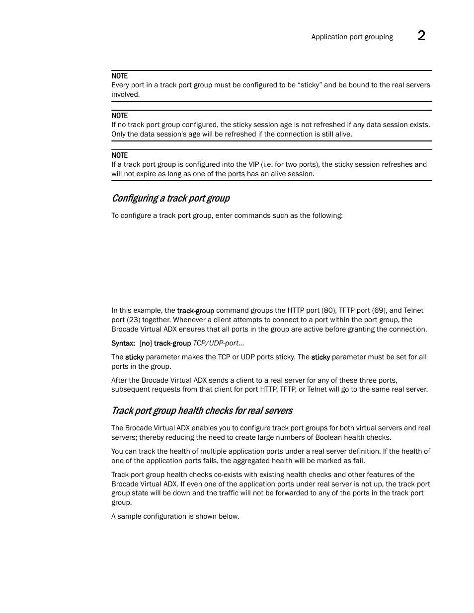 Configuring a track port group, Track port group health checks for real servers | Brocade Virtual ADX Server Load Balancing Guide (Supporting ADX v03.1.00) User Manual | Page 61 / 408