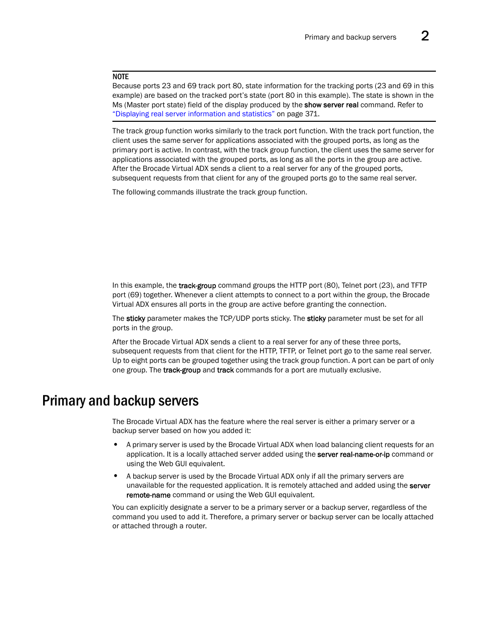 Primary and backup servers | Brocade Virtual ADX Server Load Balancing Guide (Supporting ADX v03.1.00) User Manual | Page 65 / 408