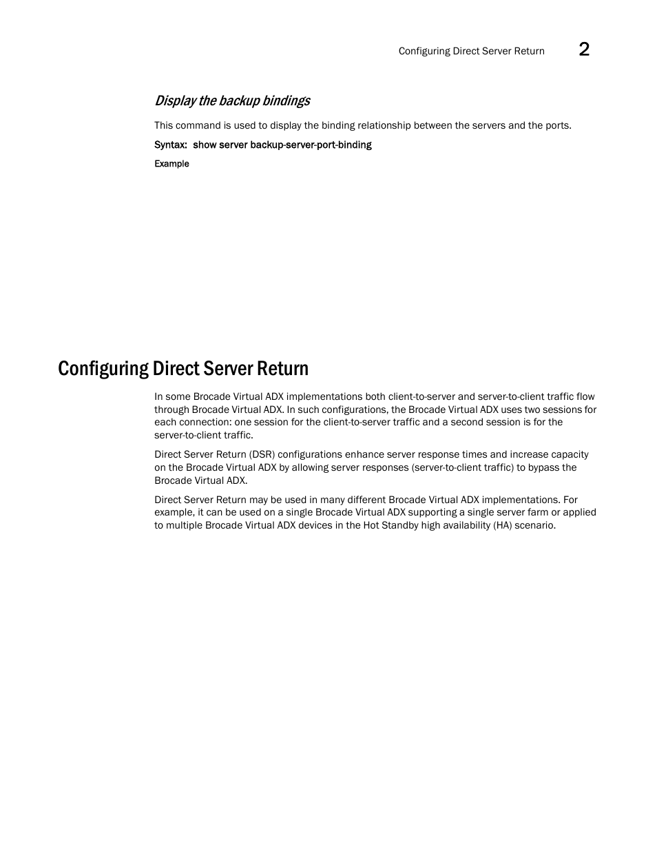 Configuring direct server return, Display the backup bindings | Brocade Virtual ADX Server Load Balancing Guide (Supporting ADX v03.1.00) User Manual | Page 73 / 408