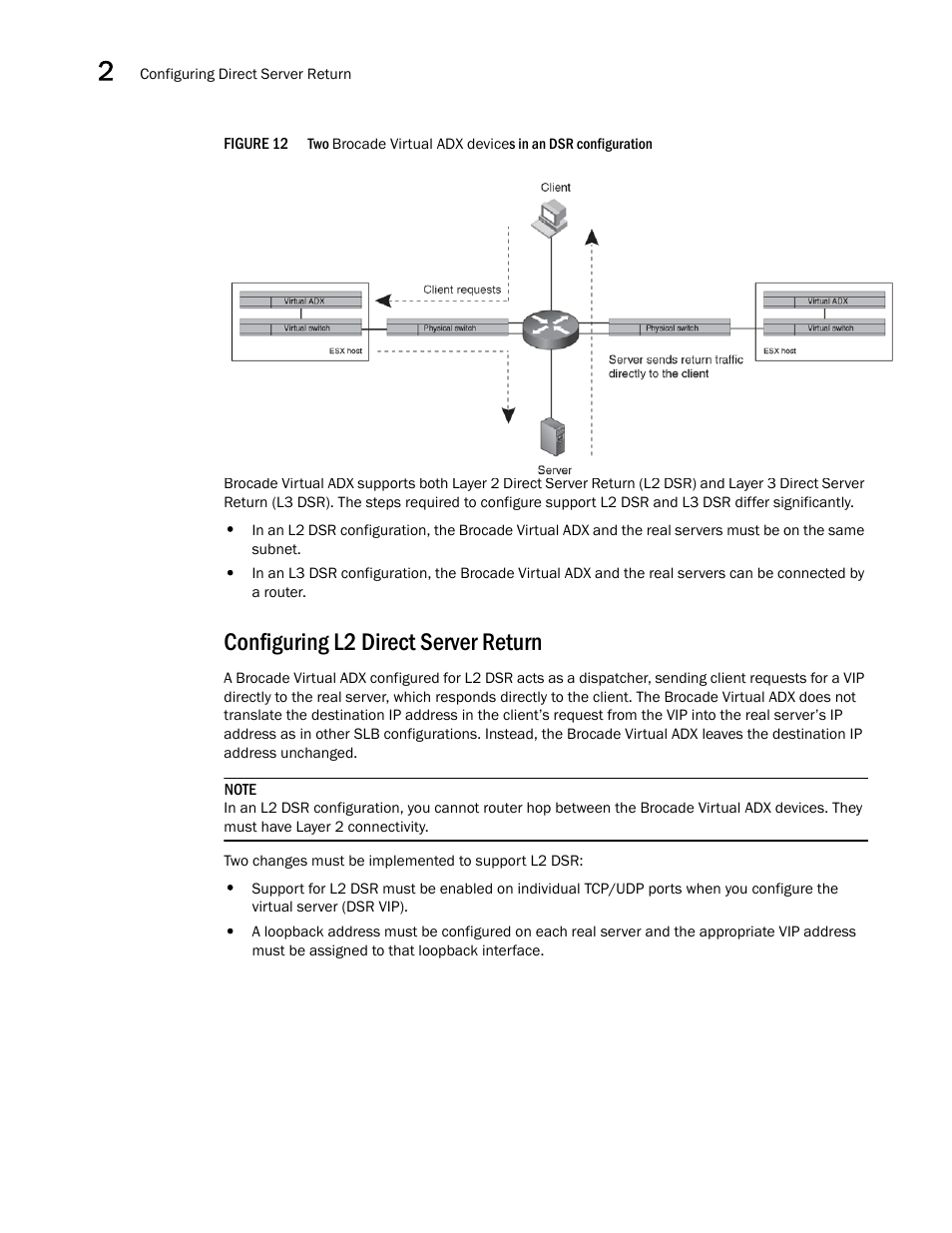 Configuring l2 direct server return, Configuring l2, Direct server return | Brocade Virtual ADX Server Load Balancing Guide (Supporting ADX v03.1.00) User Manual | Page 74 / 408