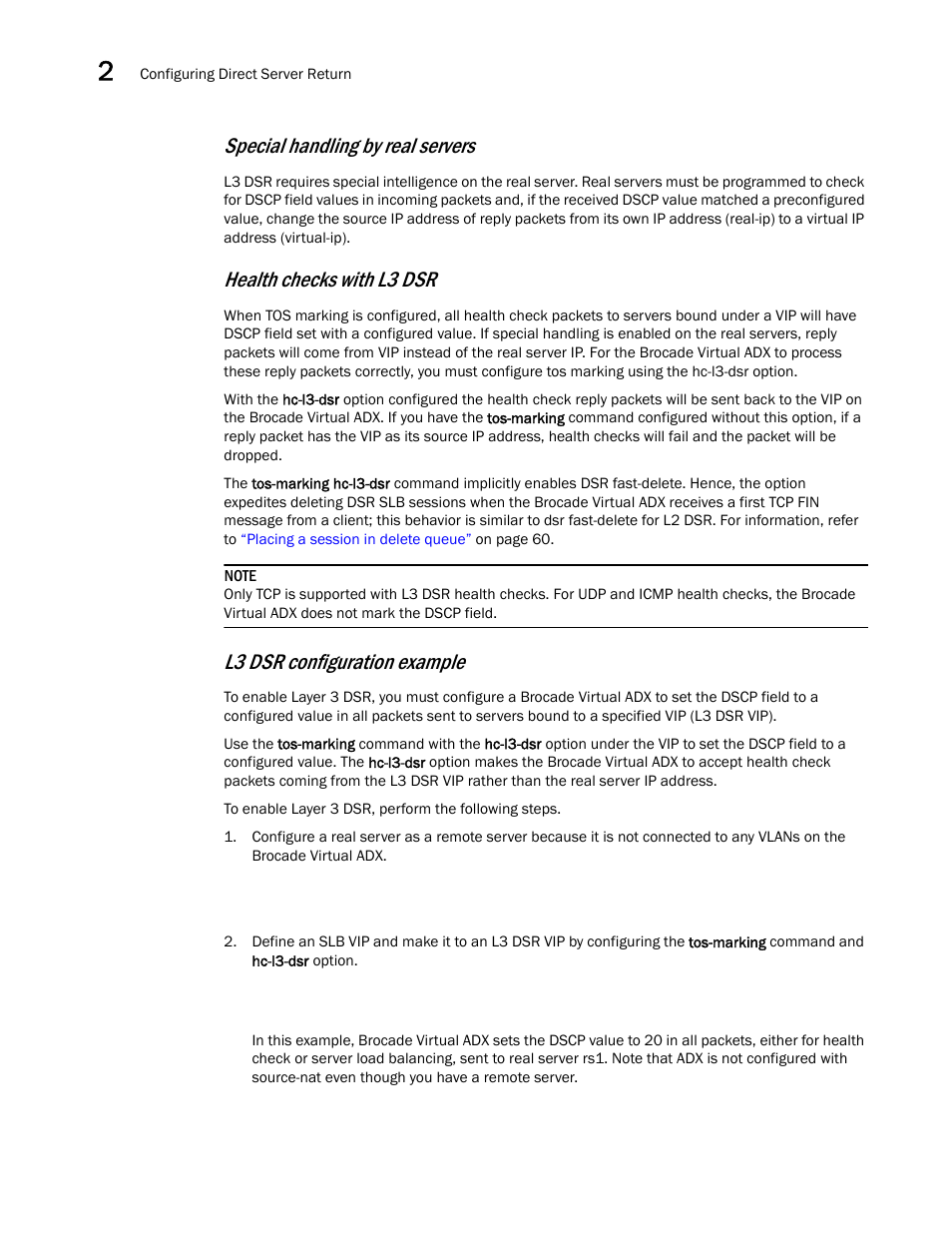 Special handling by real servers, Health checks with l3 dsr, L3 dsr configuration example | Brocade Virtual ADX Server Load Balancing Guide (Supporting ADX v03.1.00) User Manual | Page 80 / 408