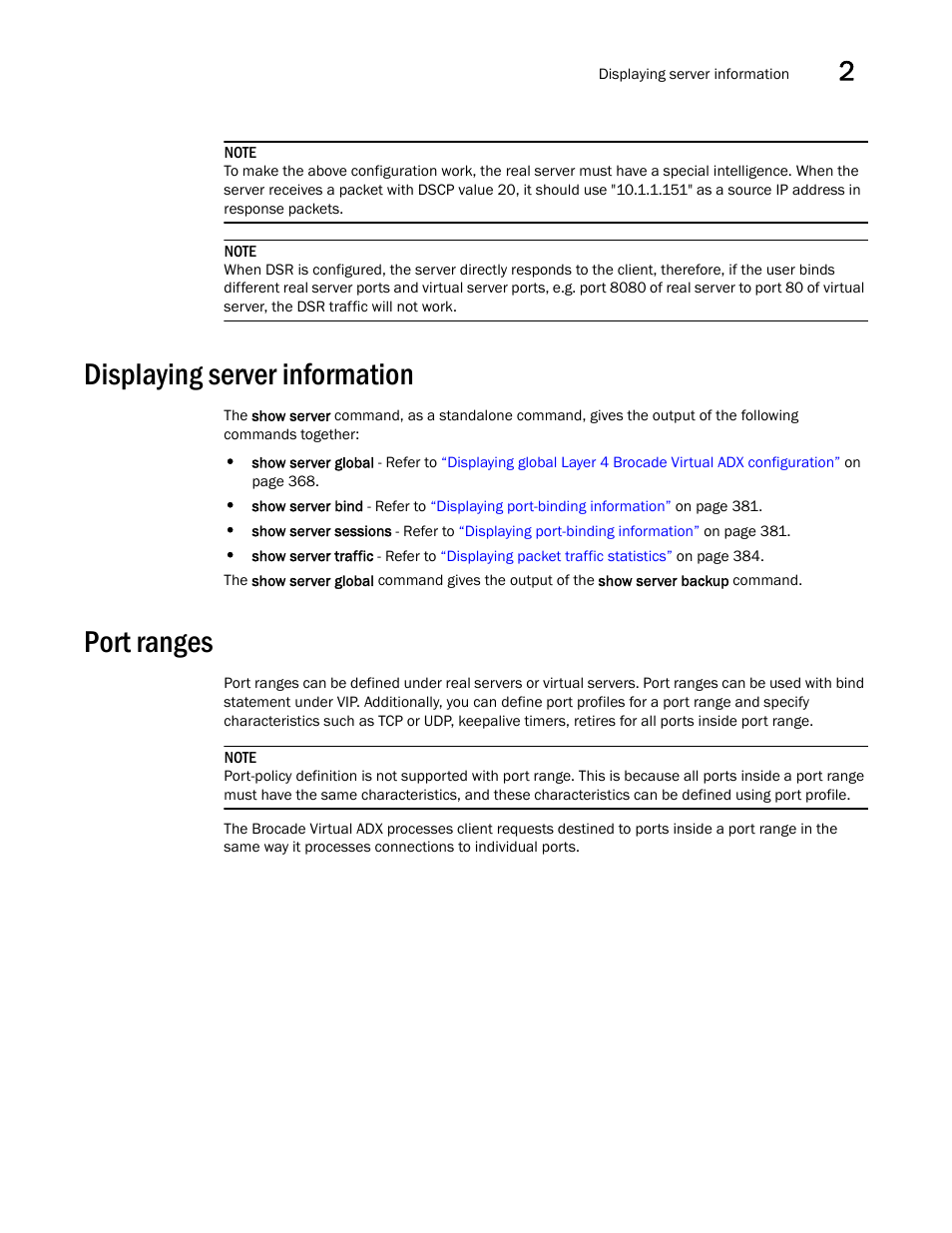 Displaying server information, Port ranges | Brocade Virtual ADX Server Load Balancing Guide (Supporting ADX v03.1.00) User Manual | Page 81 / 408