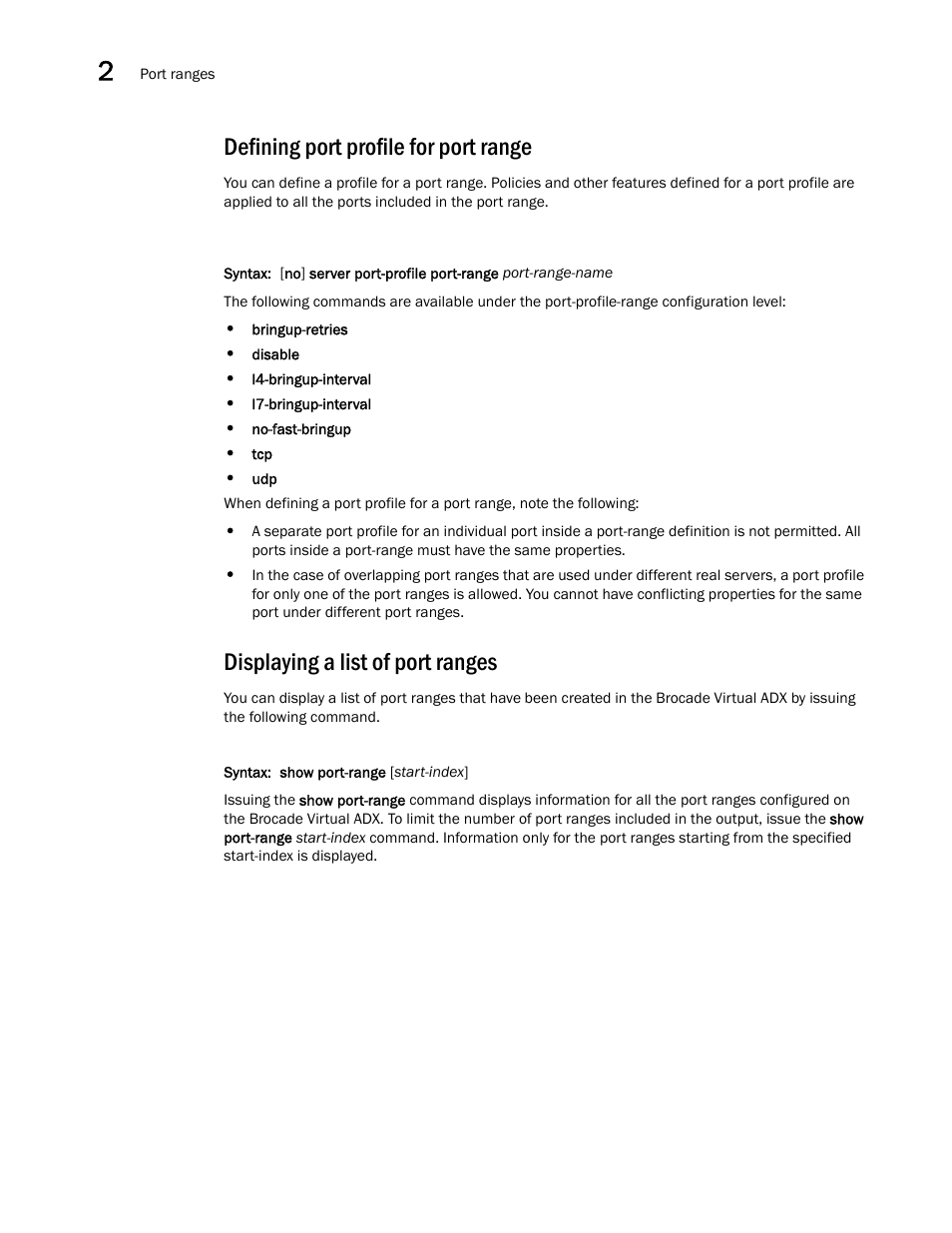 Defining port profile for port range, Displaying a list of port ranges | Brocade Virtual ADX Server Load Balancing Guide (Supporting ADX v03.1.00) User Manual | Page 84 / 408