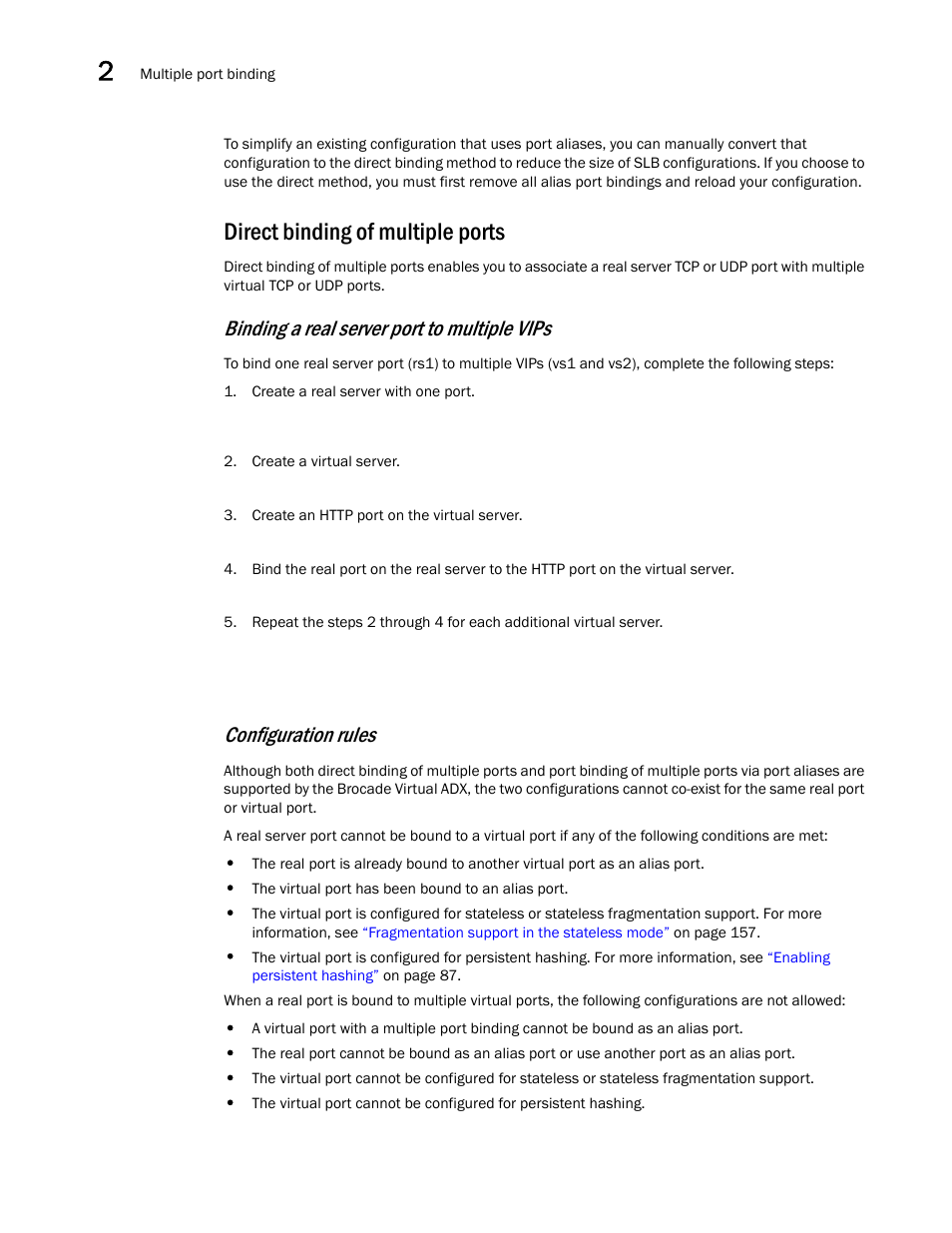 Direct binding of multiple ports, Binding a real server port to multiple vips, Configuration rules | Brocade Virtual ADX Server Load Balancing Guide (Supporting ADX v03.1.00) User Manual | Page 86 / 408