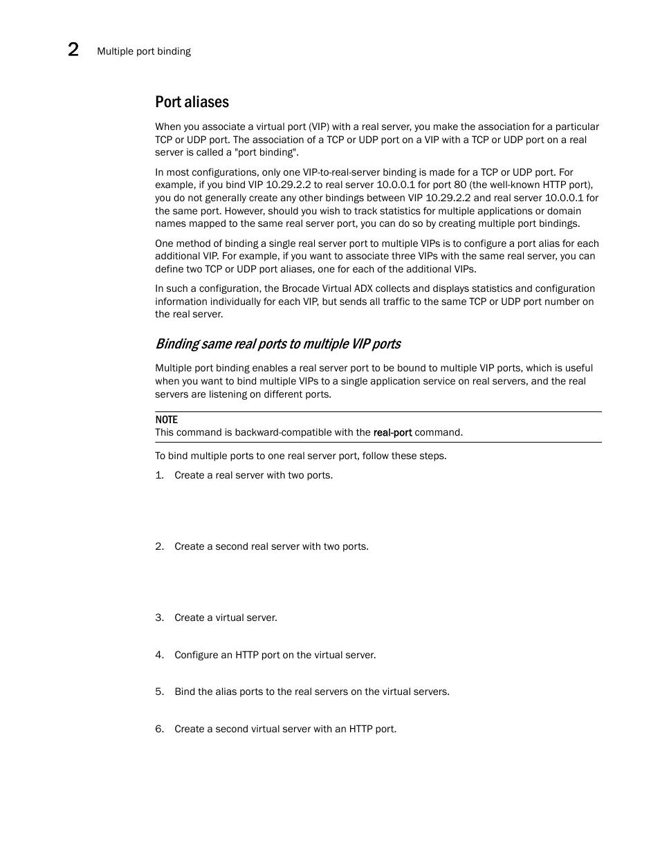 Port aliases, Binding same real ports to multiple vip ports | Brocade Virtual ADX Server Load Balancing Guide (Supporting ADX v03.1.00) User Manual | Page 88 / 408
