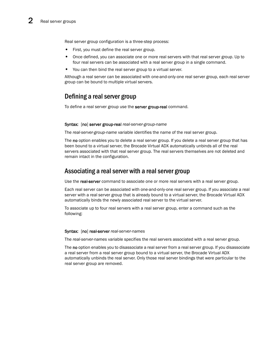 Defining a real server group, Associating a real server with a real server group | Brocade Virtual ADX Server Load Balancing Guide (Supporting ADX v03.1.00) User Manual | Page 94 / 408