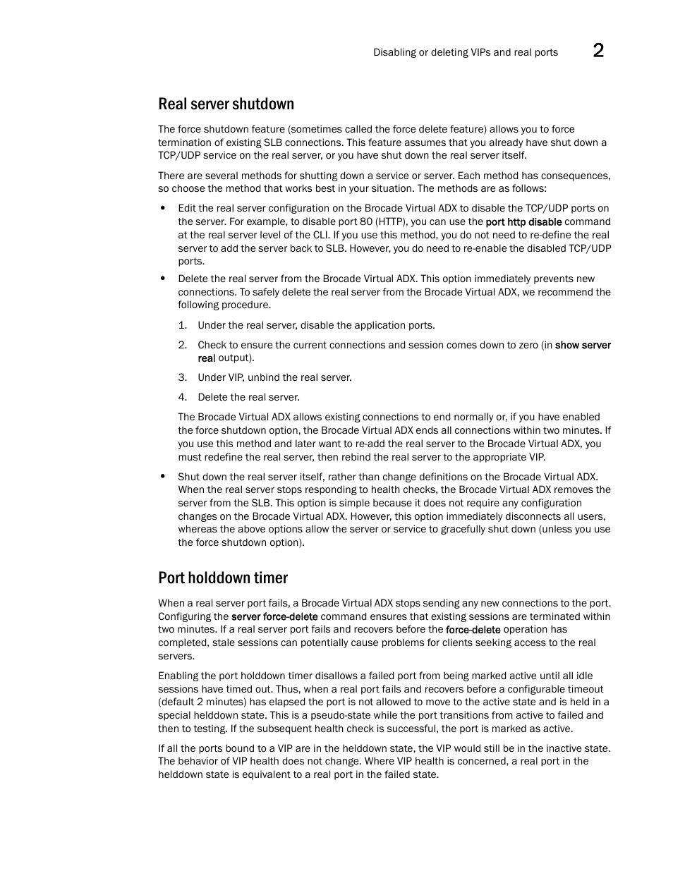 Real server shutdown, Port holddown timer | Brocade Virtual ADX Server Load Balancing Guide (Supporting ADX v03.1.00) User Manual | Page 99 / 408