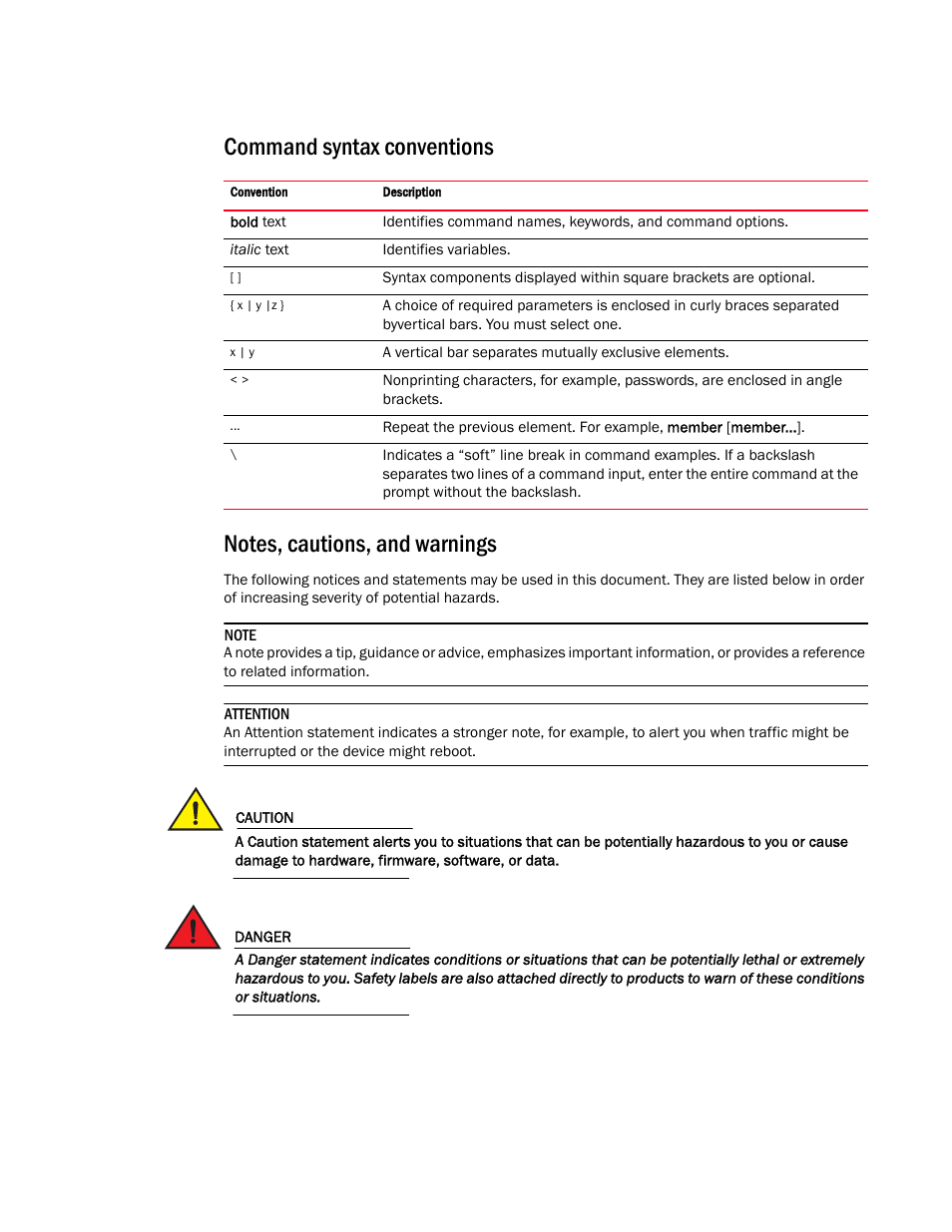 Command syntax conventions, Notes, cautions, and warnings | Brocade Virtual ADX Security Guide (Supporting ADX v03.1.00) User Manual | Page 10 / 180