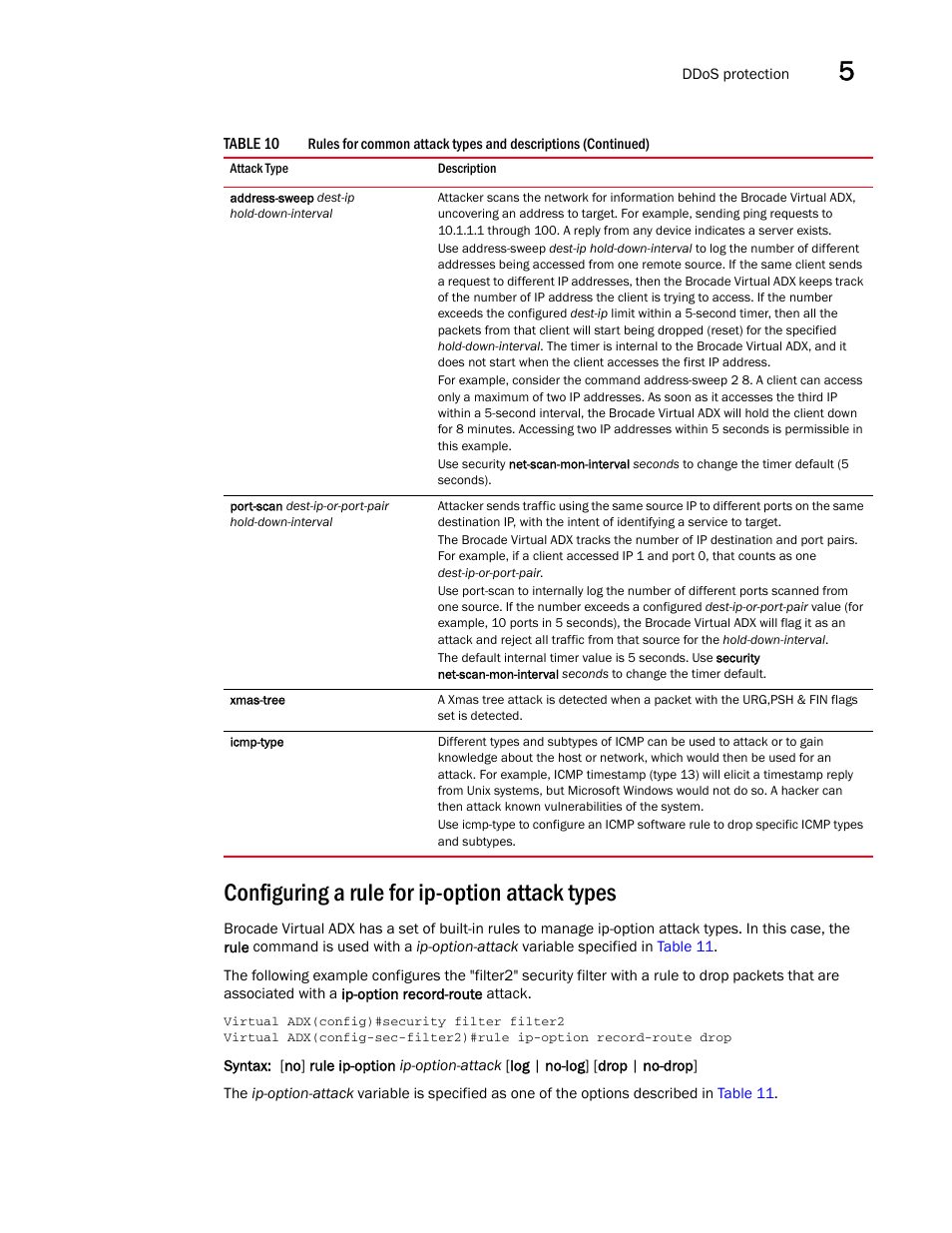 Configuring a rule for ip-option attack types | Brocade Virtual ADX Security Guide (Supporting ADX v03.1.00) User Manual | Page 101 / 180