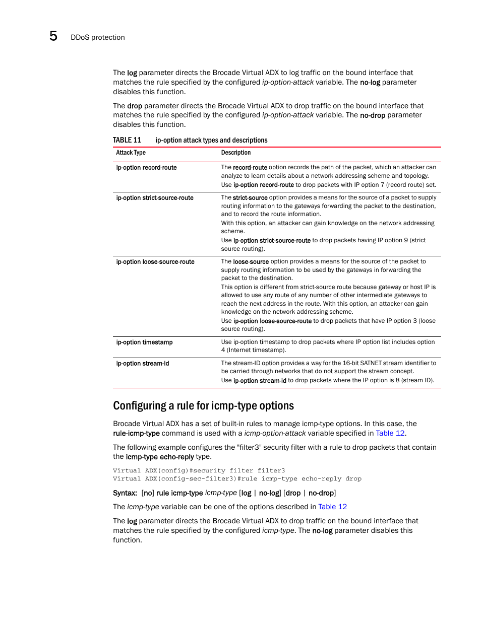 Configuring a rule for icmp-type options, Table 11 | Brocade Virtual ADX Security Guide (Supporting ADX v03.1.00) User Manual | Page 102 / 180