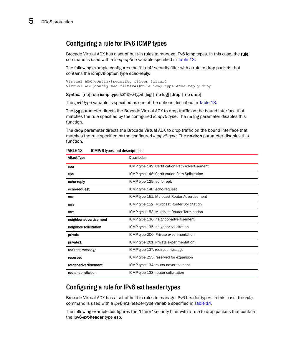 Configuring a rule for ipv6 icmp types, Configuring a rule for ipv6 ext header types, Table 13 | Brocade Virtual ADX Security Guide (Supporting ADX v03.1.00) User Manual | Page 104 / 180