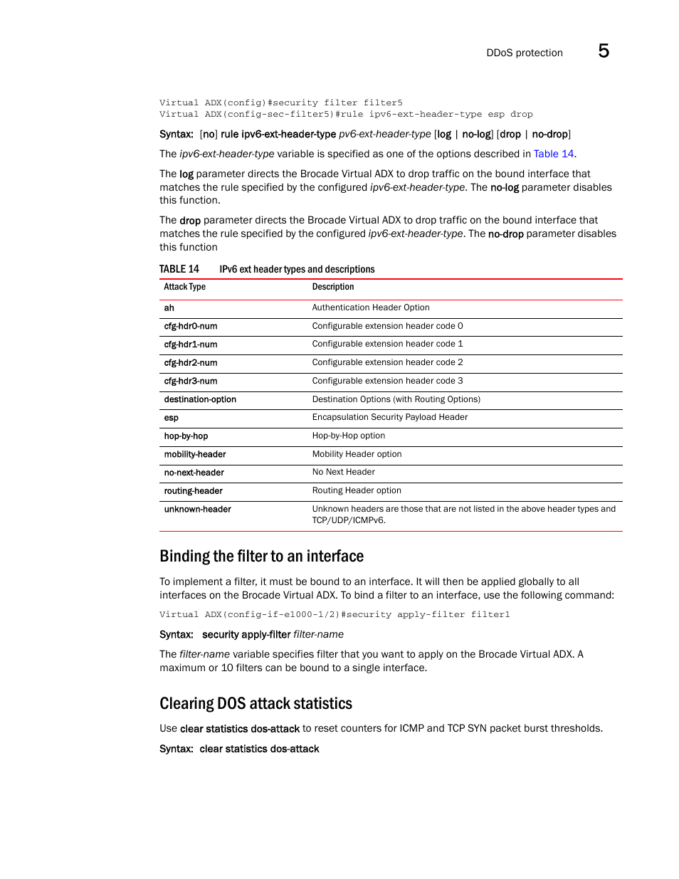 Binding the filter to an interface, Clearing dos attack statistics, Table 14 | Of this chapt | Brocade Virtual ADX Security Guide (Supporting ADX v03.1.00) User Manual | Page 105 / 180