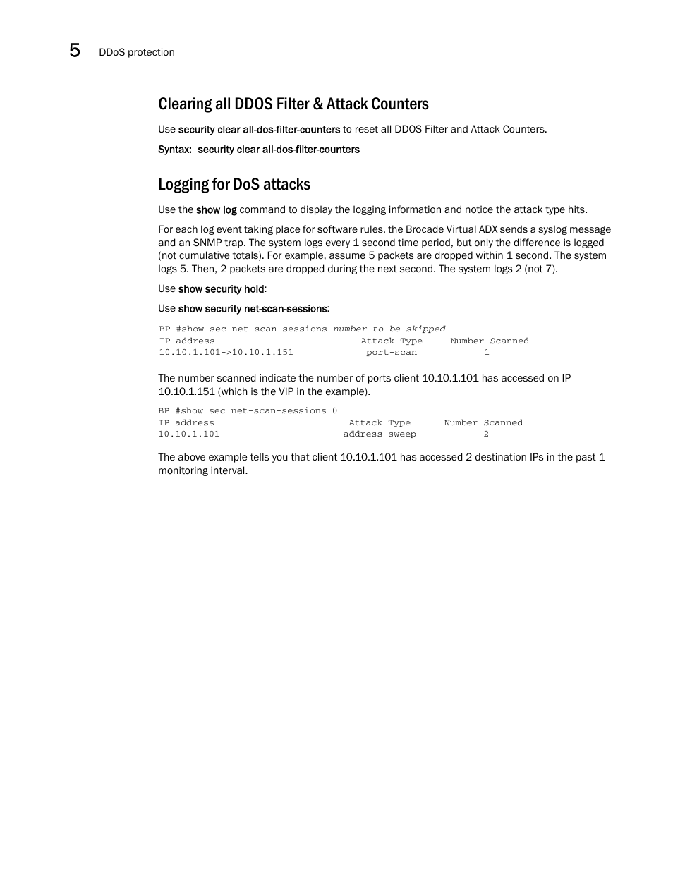 Clearing all ddos filter & attack counters, Logging for dos attacks | Brocade Virtual ADX Security Guide (Supporting ADX v03.1.00) User Manual | Page 106 / 180