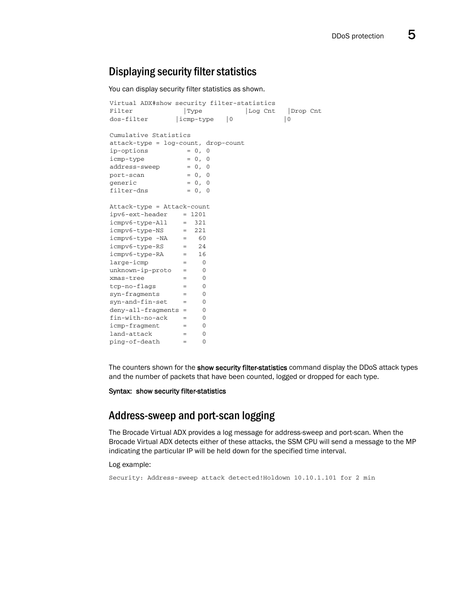 Displaying security filter statistics, Address-sweep and port-scan logging | Brocade Virtual ADX Security Guide (Supporting ADX v03.1.00) User Manual | Page 107 / 180