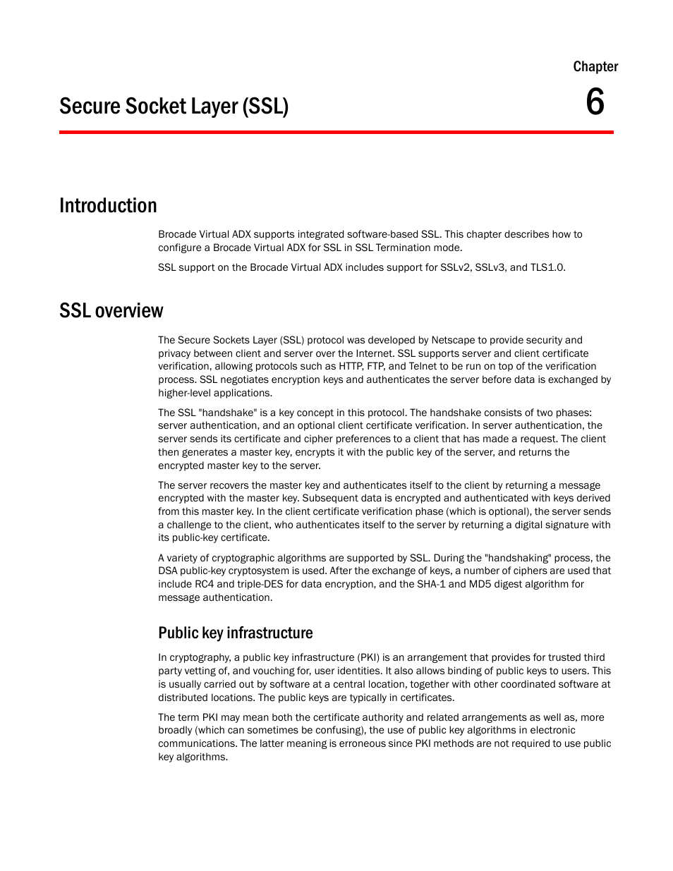 Secure socket layer (ssl), Introduction, Ssl overview | Public key infrastructure, Chapter 6 | Brocade Virtual ADX Security Guide (Supporting ADX v03.1.00) User Manual | Page 109 / 180