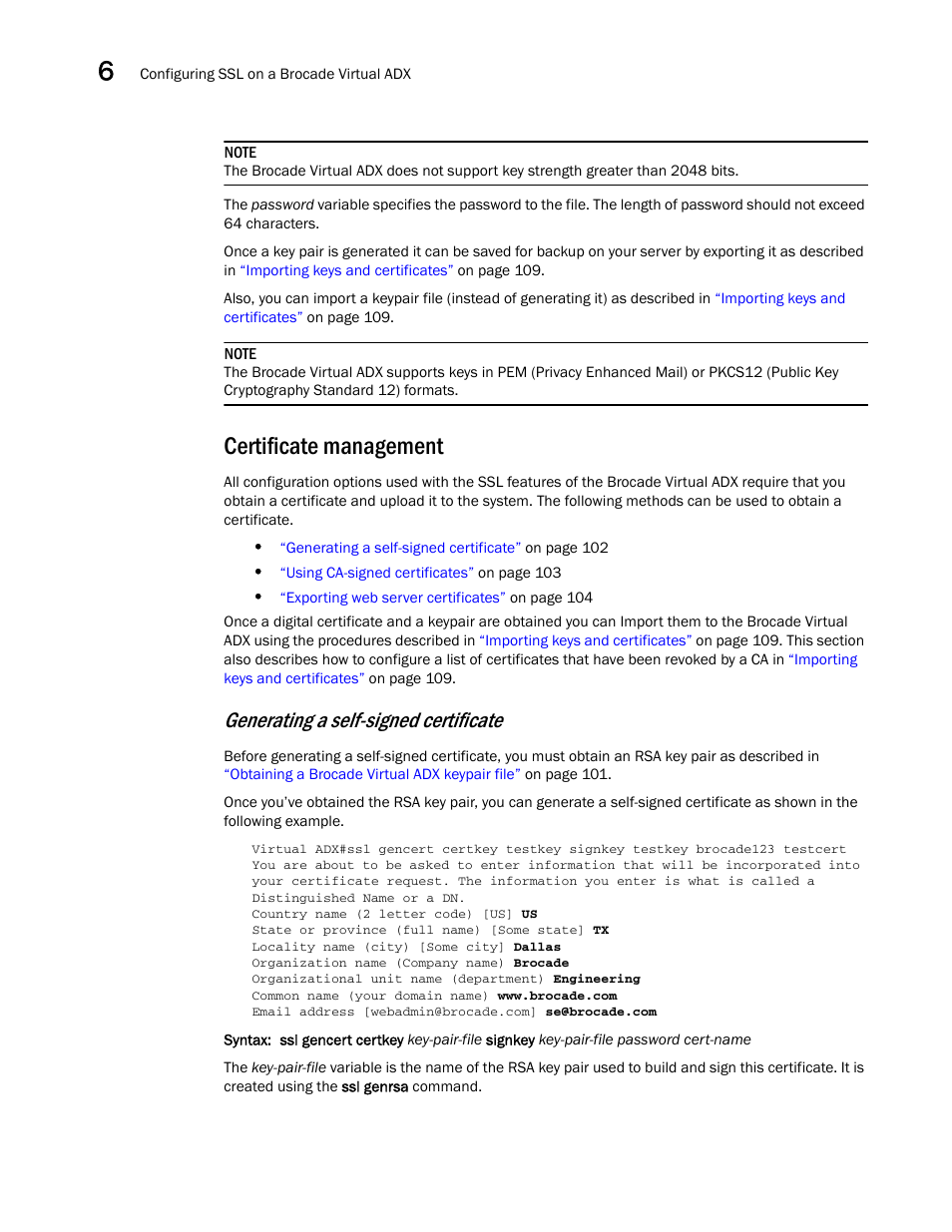 Certificate management, Generating a self-signed certificate | Brocade Virtual ADX Security Guide (Supporting ADX v03.1.00) User Manual | Page 114 / 180