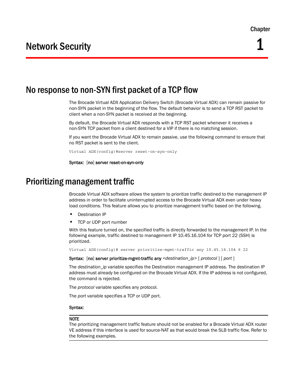 Network security, No response to non-syn first packet of a tcp flow, Prioritizing management traffic | Chapter 1 | Brocade Virtual ADX Security Guide (Supporting ADX v03.1.00) User Manual | Page 13 / 180