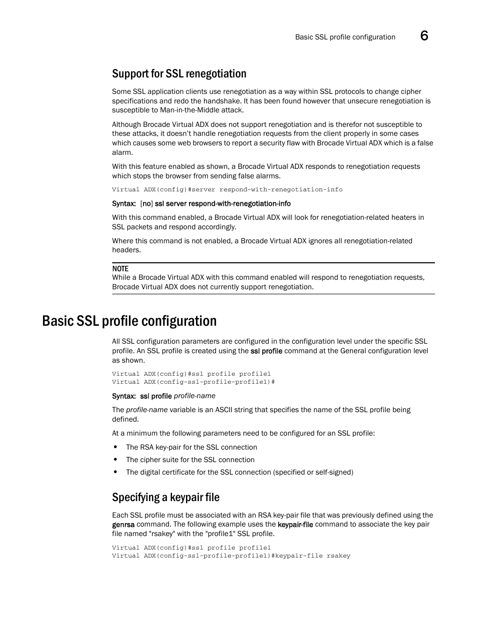 Support for ssl renegotiation, Basic ssl profile configuration, Specifying a keypair file | Brocade Virtual ADX Security Guide (Supporting ADX v03.1.00) User Manual | Page 137 / 180