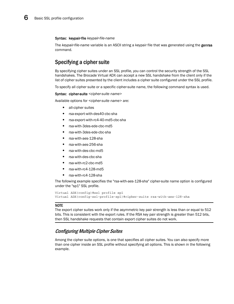 Specifying a cipher suite, Configuring multiple cipher suites | Brocade Virtual ADX Security Guide (Supporting ADX v03.1.00) User Manual | Page 138 / 180