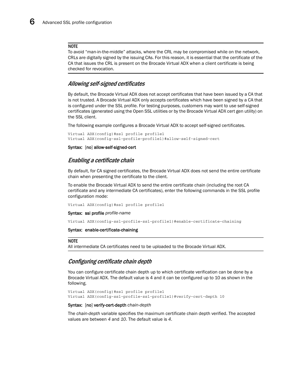 Enabling a certificate, Chain, Allowing self-signed certificates | Enabling a certificate chain, Configuring certificate chain depth | Brocade Virtual ADX Security Guide (Supporting ADX v03.1.00) User Manual | Page 142 / 180