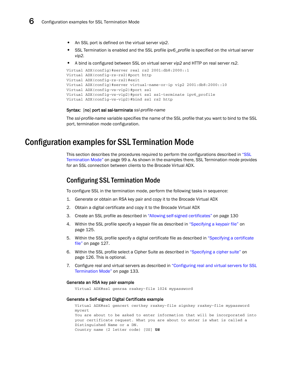 Configuration examples for ssl termination mode, Configuring ssl termination mode, N, see | Configuration examples for ssl termination, Mode | Brocade Virtual ADX Security Guide (Supporting ADX v03.1.00) User Manual | Page 146 / 180