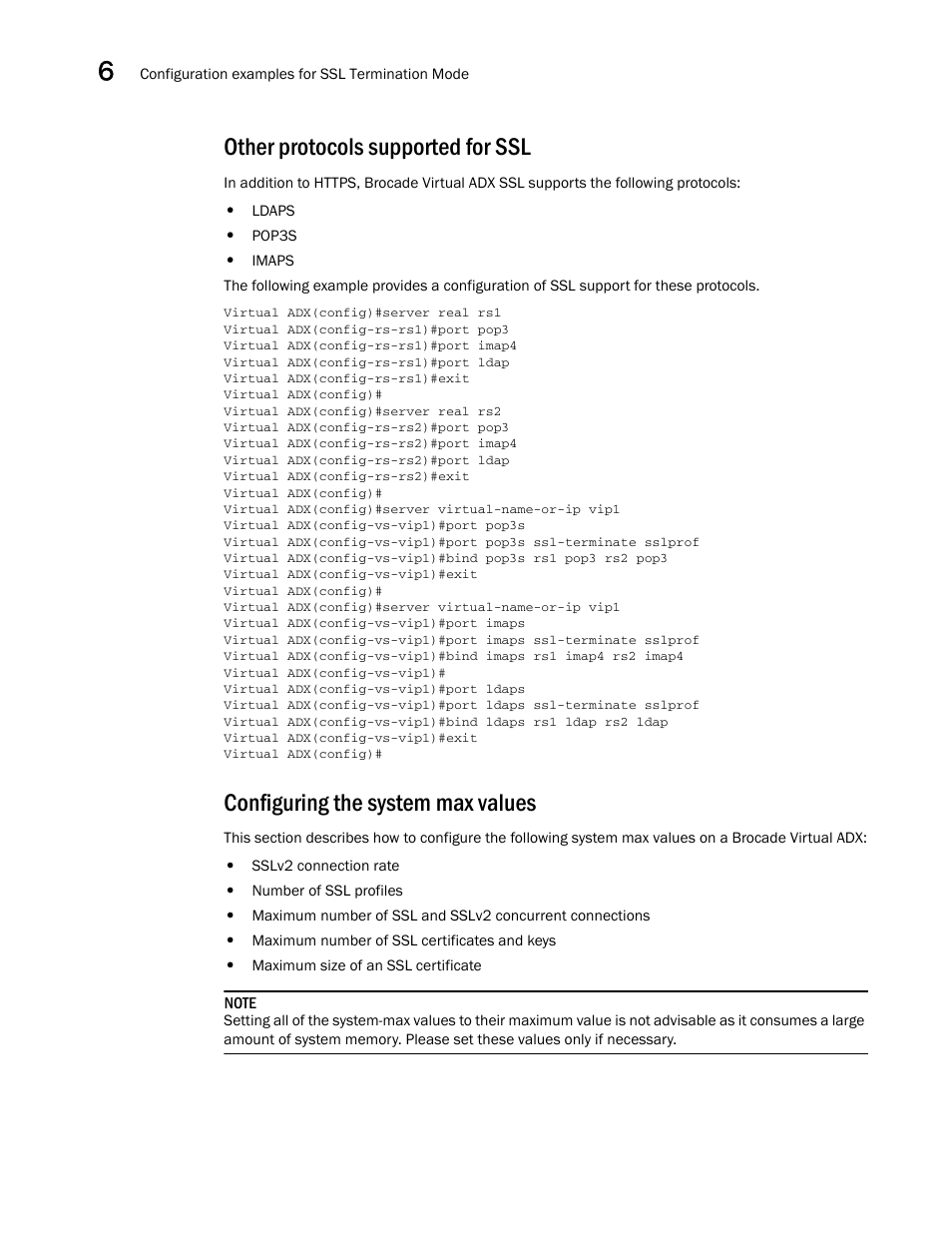 Other protocols supported for ssl, Configuring the system max values | Brocade Virtual ADX Security Guide (Supporting ADX v03.1.00) User Manual | Page 154 / 180