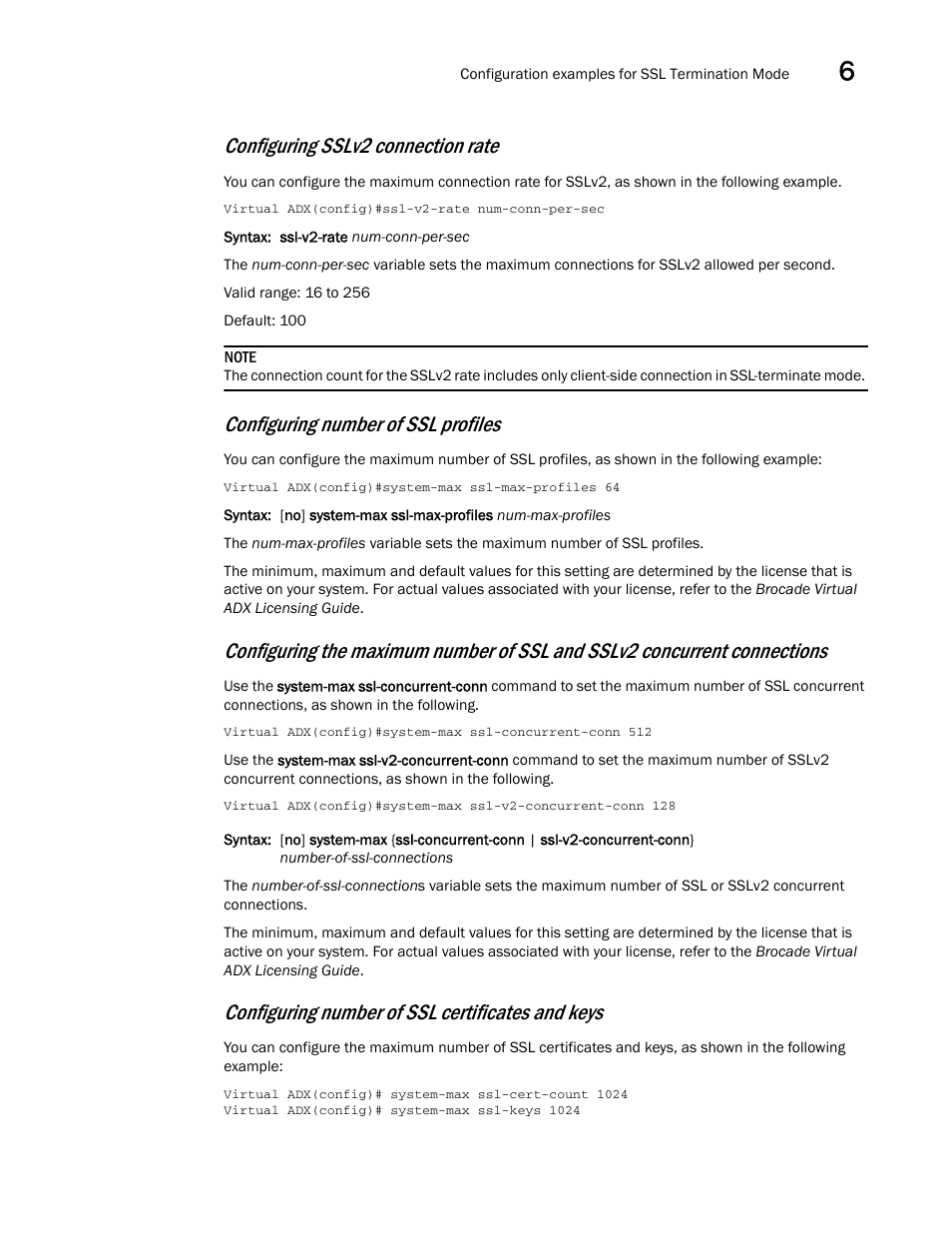 Configuring sslv2 connection rate, Configuring number of ssl profiles, Configuring number of ssl certificates and keys | Brocade Virtual ADX Security Guide (Supporting ADX v03.1.00) User Manual | Page 155 / 180