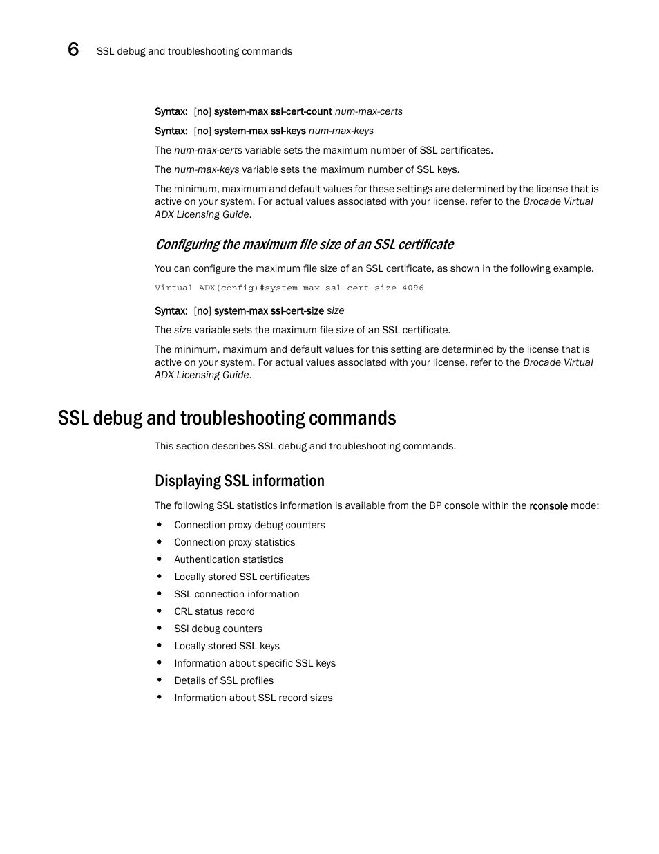 Ssl debug and troubleshooting commands, Displaying ssl information | Brocade Virtual ADX Security Guide (Supporting ADX v03.1.00) User Manual | Page 156 / 180