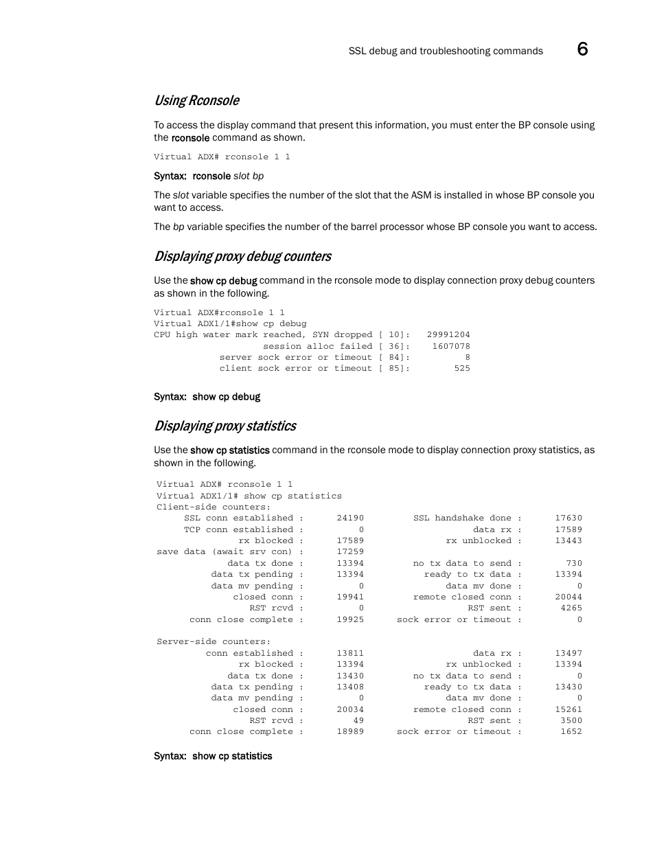 Using rconsole, Displaying proxy debug counters, Displaying proxy statistics | Brocade Virtual ADX Security Guide (Supporting ADX v03.1.00) User Manual | Page 157 / 180