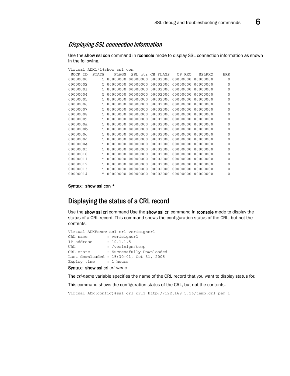 Displaying the status of a crl record, Displaying ssl connection information | Brocade Virtual ADX Security Guide (Supporting ADX v03.1.00) User Manual | Page 159 / 180