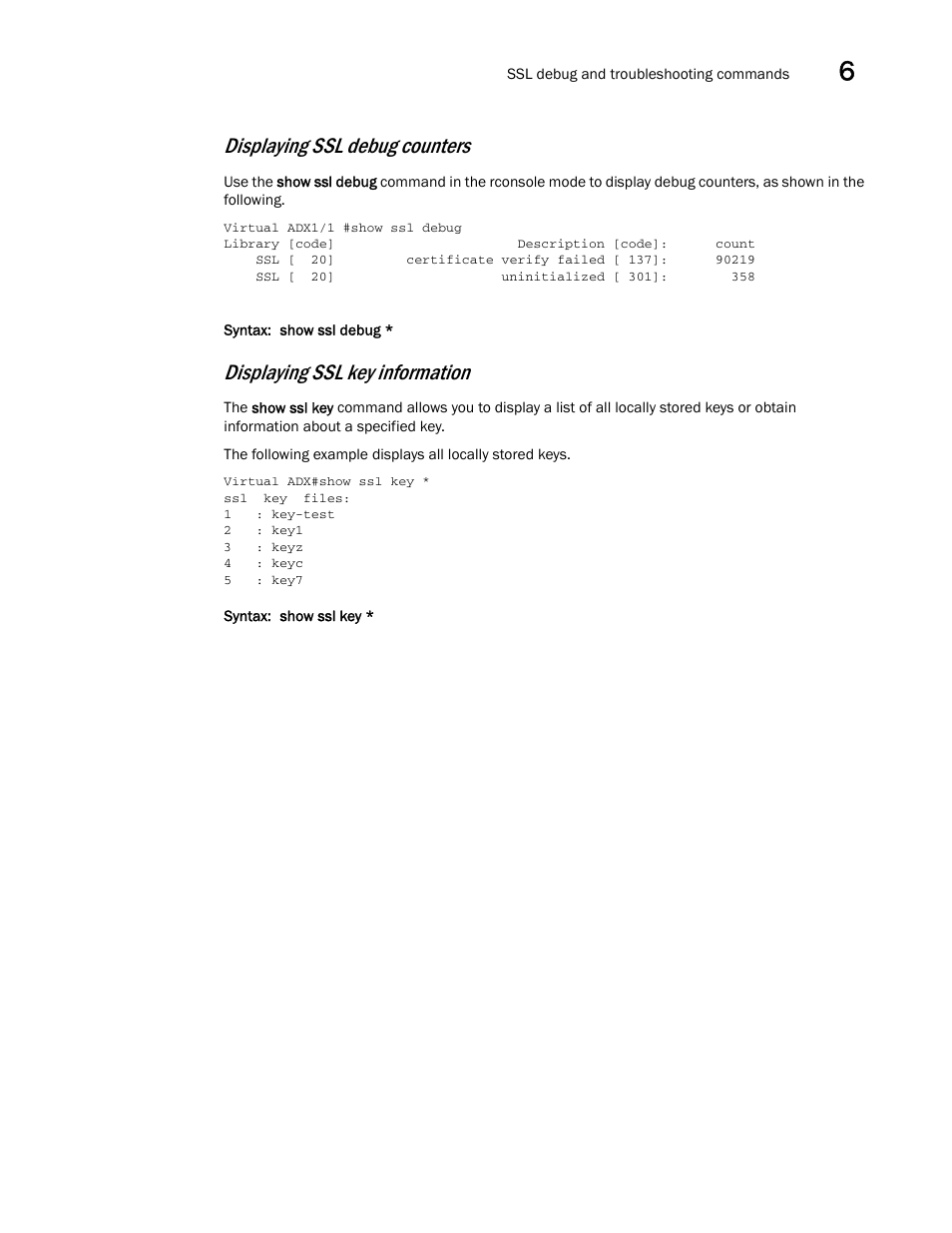 Displaying ssl debug counters, Displaying ssl key information | Brocade Virtual ADX Security Guide (Supporting ADX v03.1.00) User Manual | Page 161 / 180