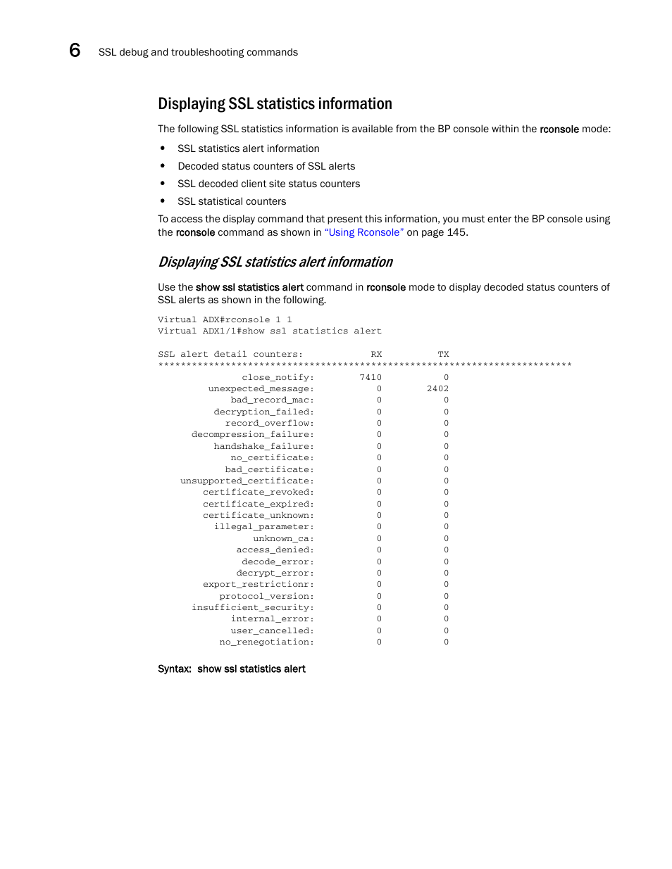 Displaying ssl statistics information, Displaying ssl statistics alert information | Brocade Virtual ADX Security Guide (Supporting ADX v03.1.00) User Manual | Page 166 / 180