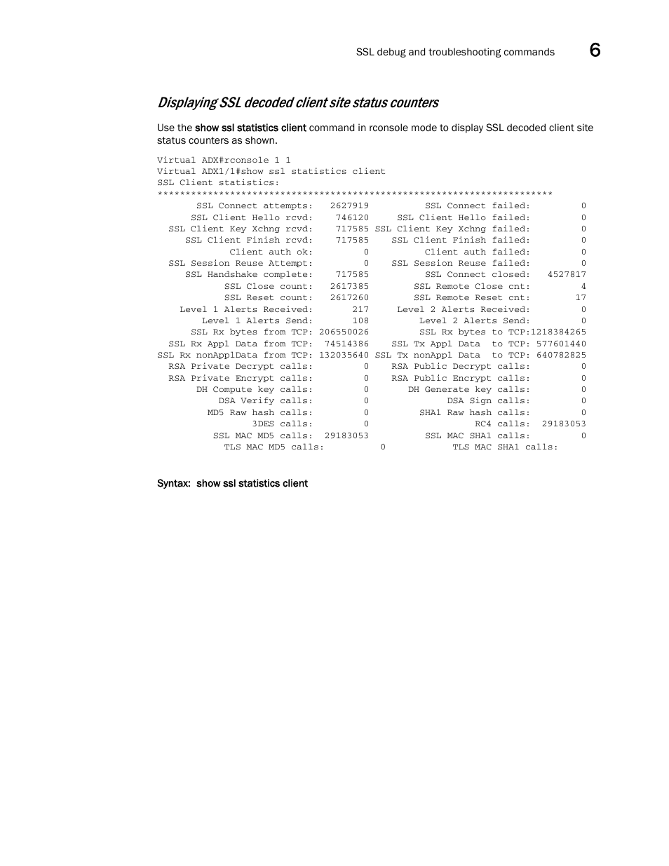 Displaying ssl decoded client site status counters | Brocade Virtual ADX Security Guide (Supporting ADX v03.1.00) User Manual | Page 167 / 180