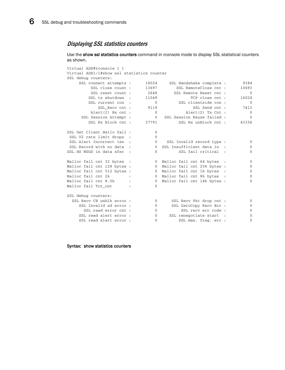 Displaying ssl statistics counters | Brocade Virtual ADX Security Guide (Supporting ADX v03.1.00) User Manual | Page 168 / 180