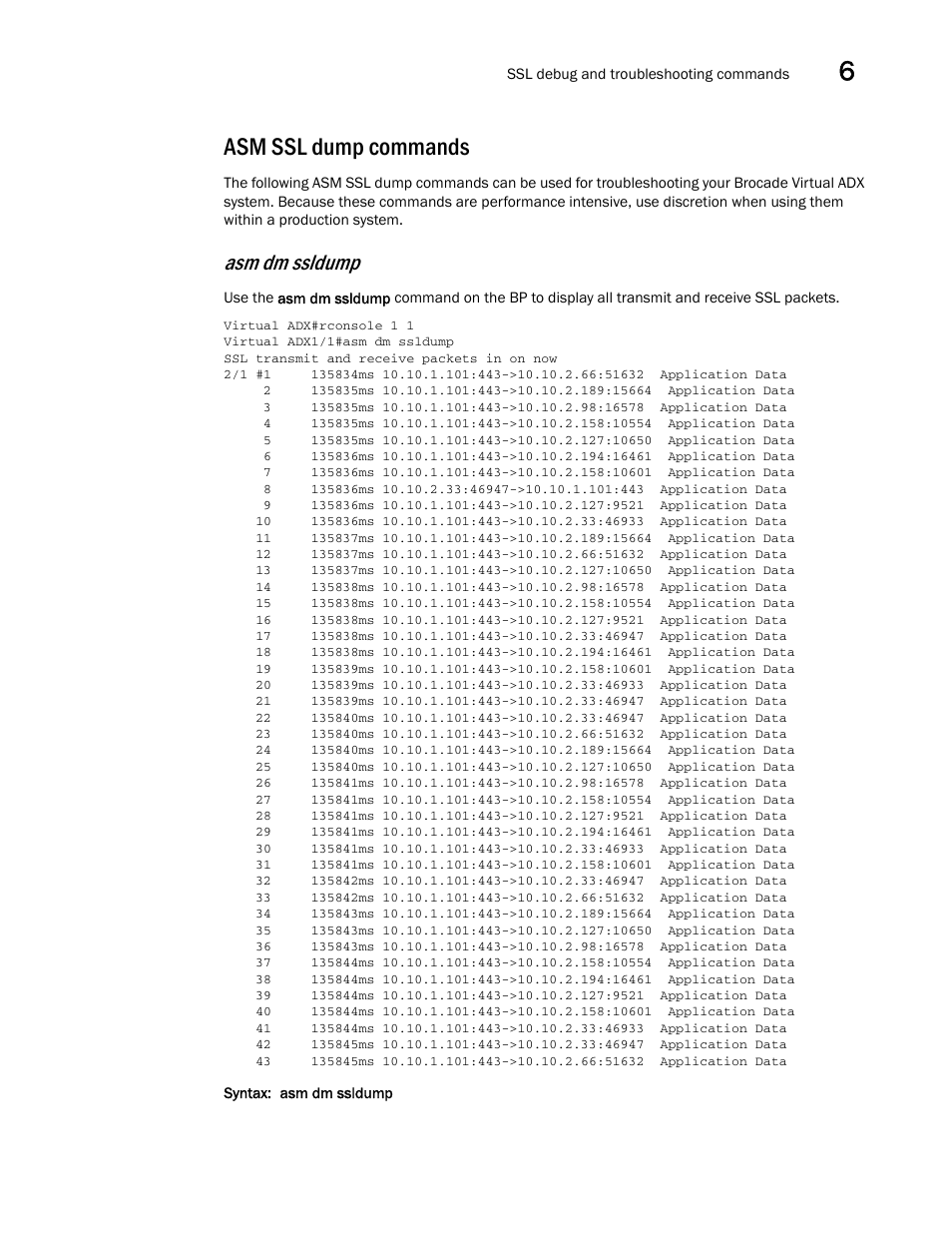 Asm ssl dump commands, Asm dm ssldump | Brocade Virtual ADX Security Guide (Supporting ADX v03.1.00) User Manual | Page 169 / 180